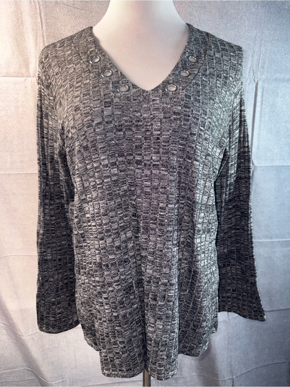 1481-Chenault Gray V-Neck Knit Top with Grommet Detail